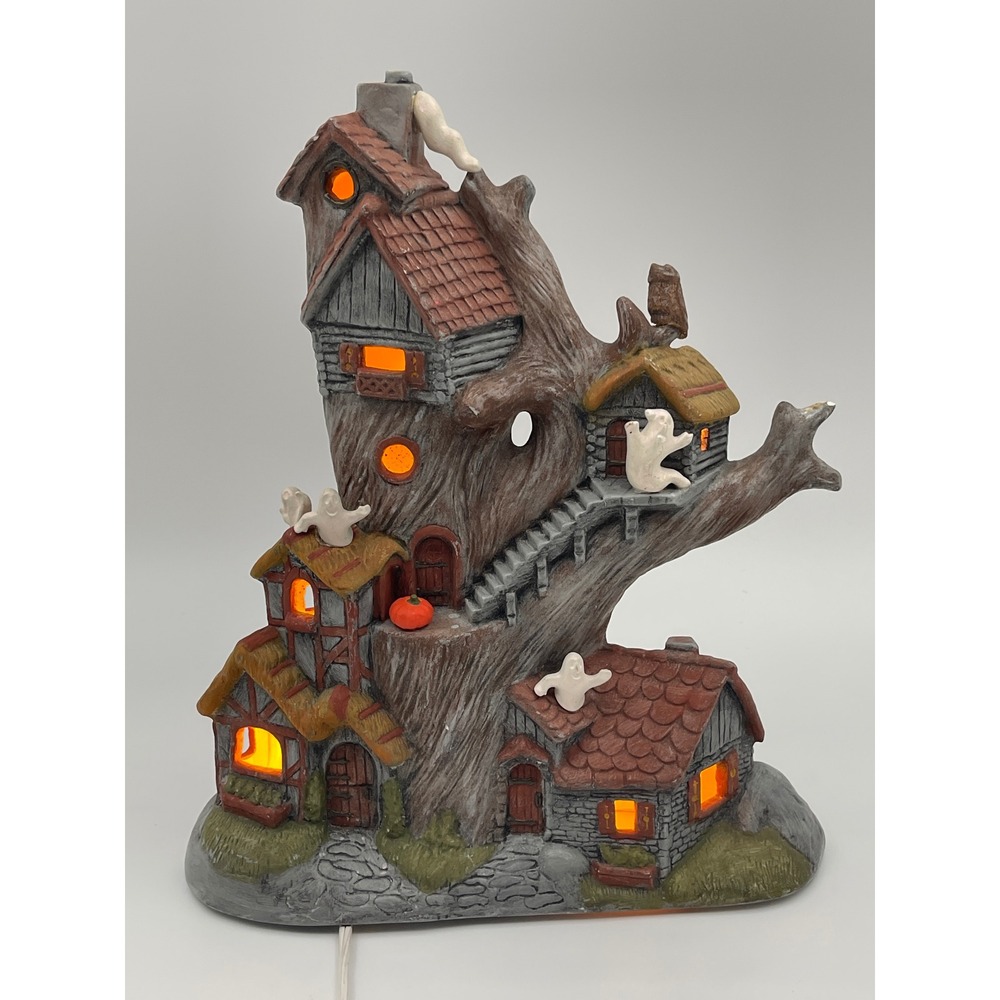 Vintage Halloween Haunted Tree House Ceramic Lighted Village Ghost Pumpkin Owl